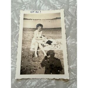 Vintage 1950s Beach Snap Woman in Swimsuit Oh No Inscription Deckled Edge Photo